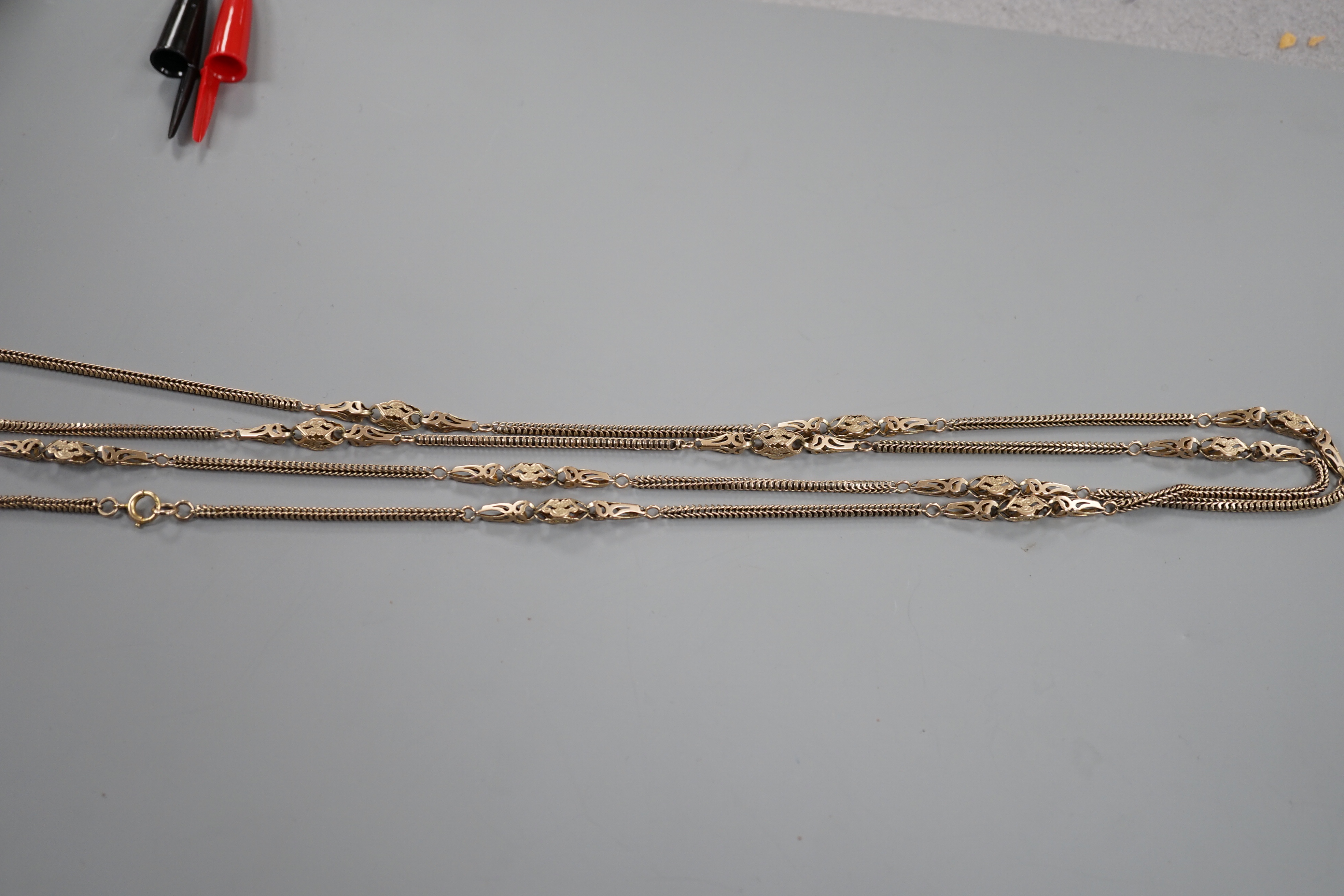 A late Victorian 9c fancy link guard chain, 162cm, 40.3 grams.